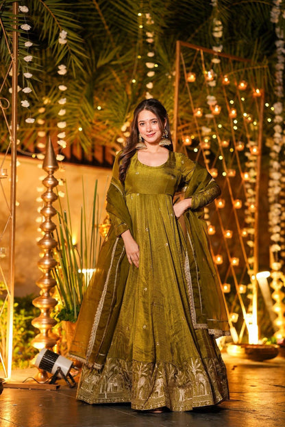 Royal Procession Border Silk Anarkali with Sheer Dupatta
