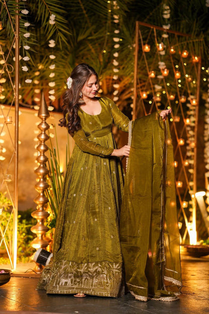 Royal Procession Border Silk Anarkali with Sheer Dupatta