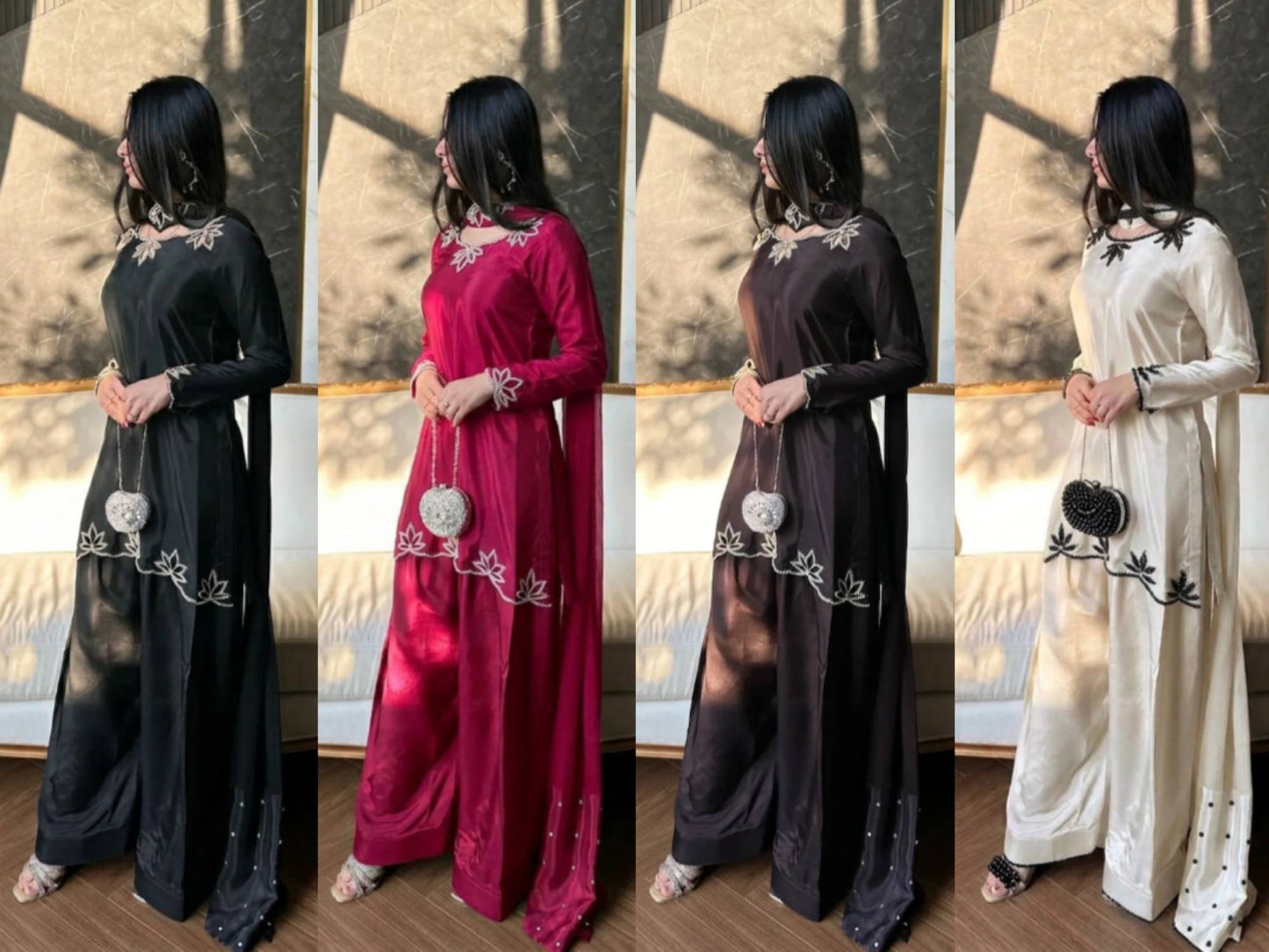 Elegant Embroidered Silk Kurta Set with Wide-Leg Palazzo Pants & Dupatta