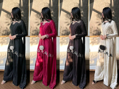 Elegant Embroidered Silk Kurta Set with Wide-Leg Palazzo Pants & Dupatta