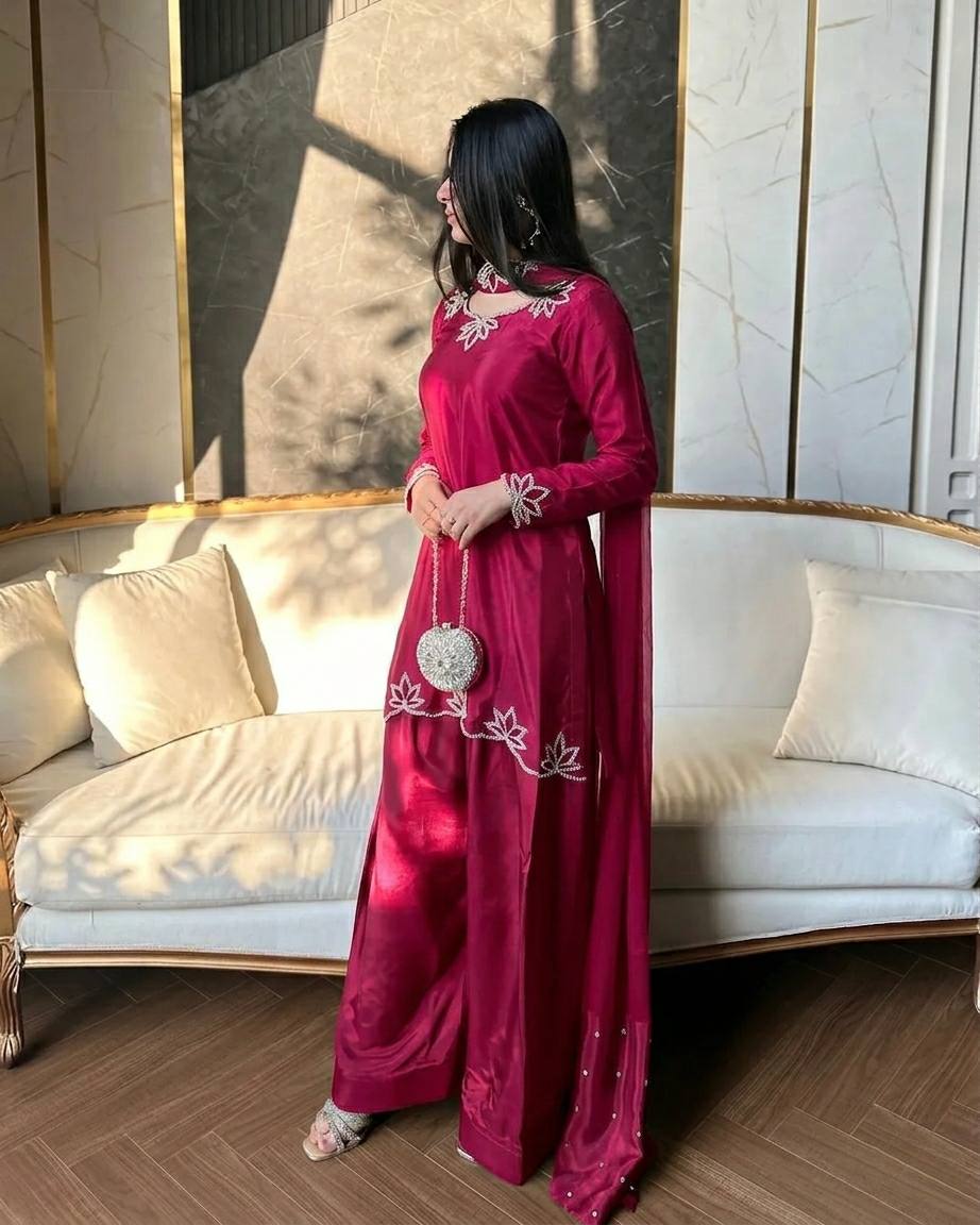 Elegant Embroidered Silk Kurta Set with Wide-Leg Palazzo Pants & Dupatta