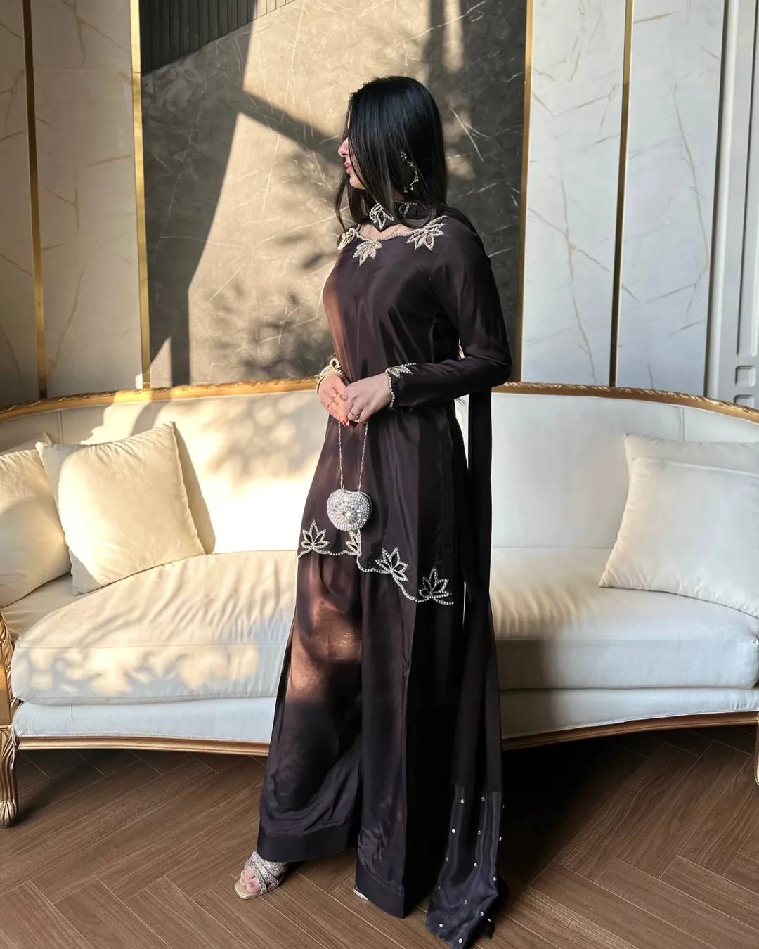 Elegant Embroidered Silk Kurta Set with Wide-Leg Palazzo Pants & Dupatta