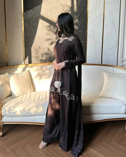 Elegant Embroidered Silk Kurta Set with Wide-Leg Palazzo Pants & Dupatta