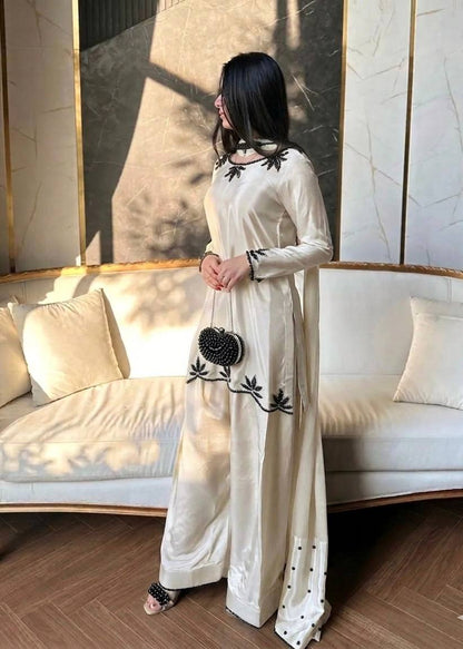 Elegant Embroidered Silk Kurta Set with Wide-Leg Palazzo Pants & Dupatta
