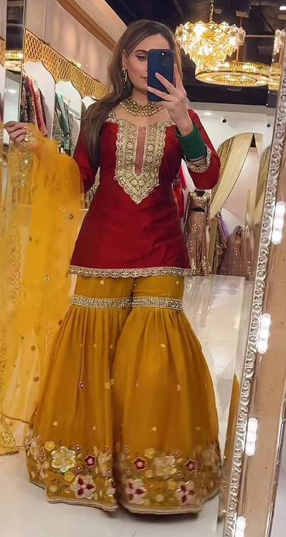 Designer Floral Embroidered Gharara & Short Kurta Set with Net Dupatta
