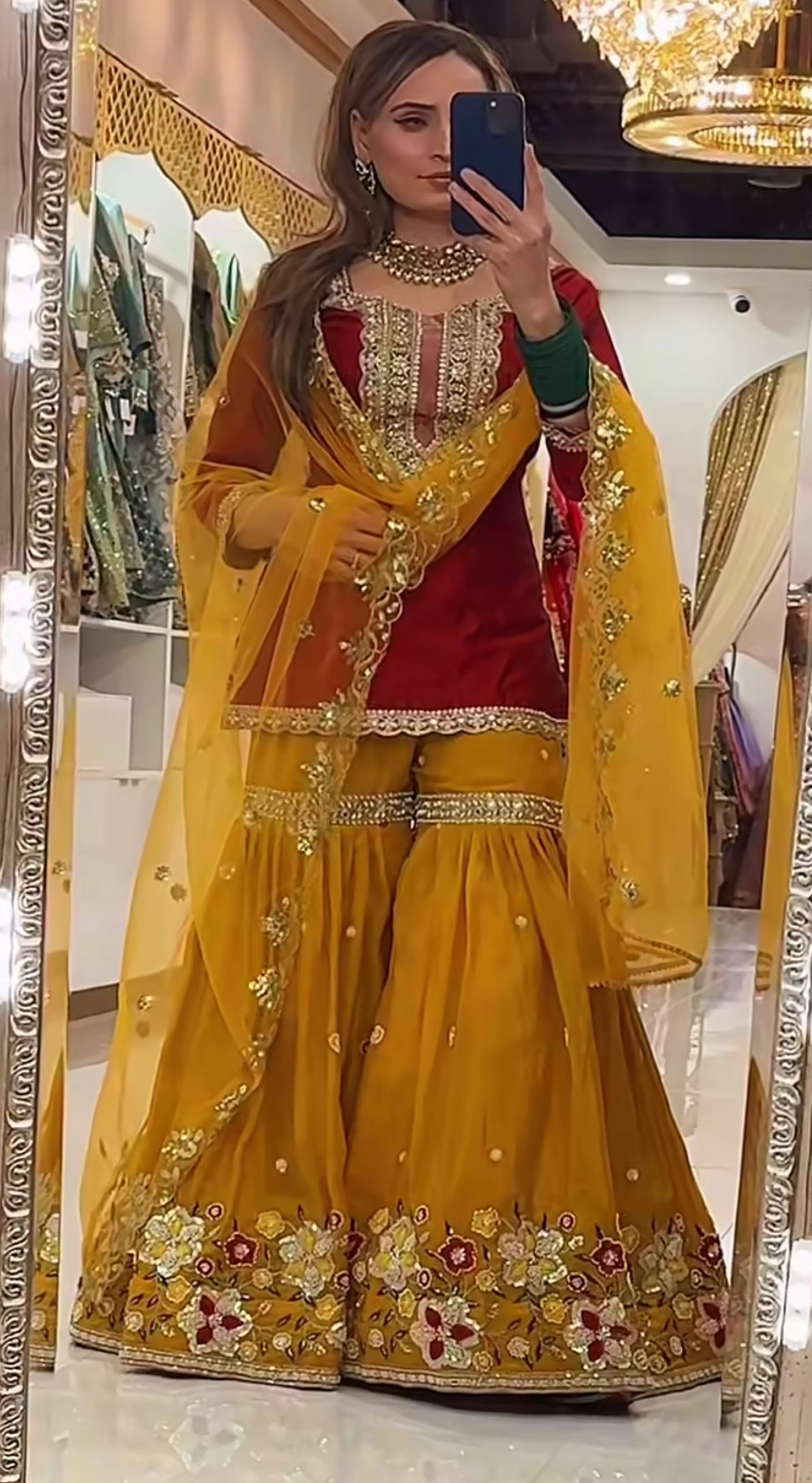 Designer Floral Embroidered Gharara & Short Kurta Set with Net Dupatta