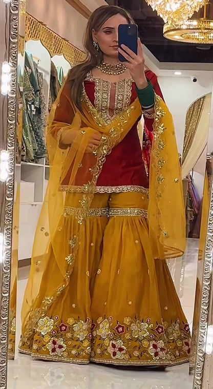 Designer Floral Embroidered Gharara & Short Kurta Set with Net Dupatta