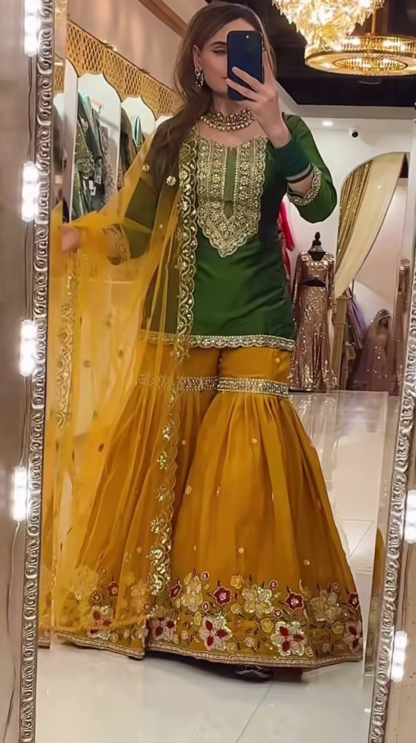 Designer Floral Embroidered Gharara & Short Kurta Set with Net Dupatta
