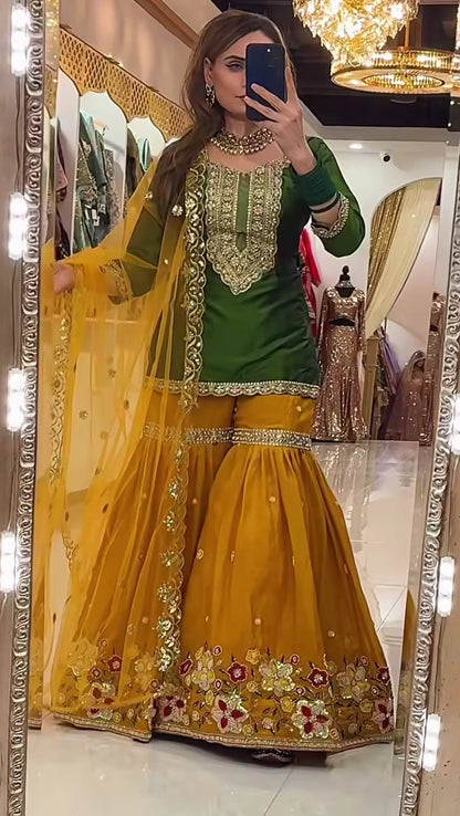 Designer Floral Embroidered Gharara & Short Kurta Set with Net Dupatta