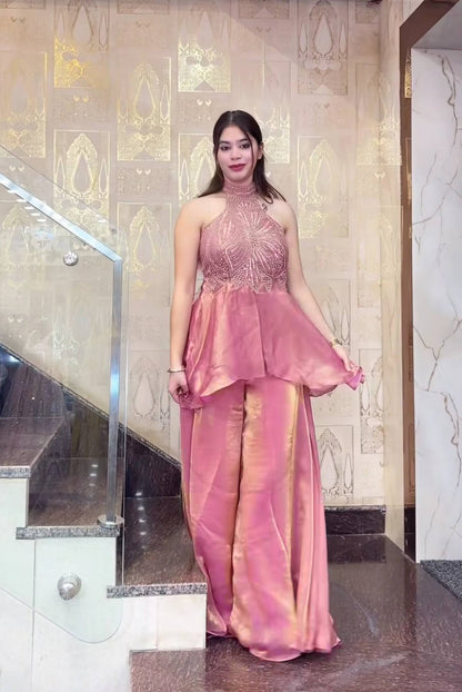 Elegant Embroidered Halter Neck Top with Wide Palazzo Pants