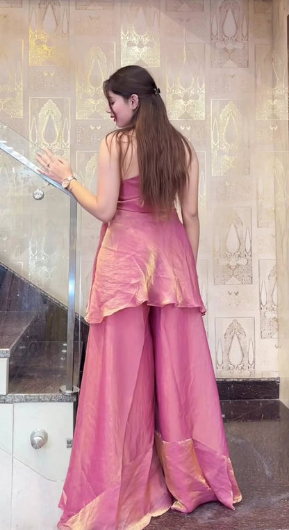 Elegant Embroidered Halter Neck Top with Wide Palazzo Pants