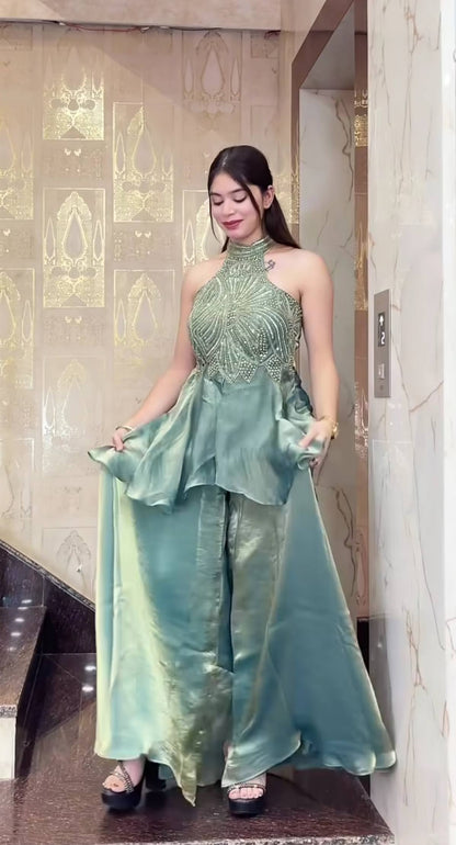 Elegant Embroidered Halter Neck Top with Wide Palazzo Pants