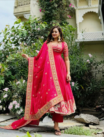 Designer Hot Pink Anarkali Suit with Heavy Embroidered Border Dupatta Set