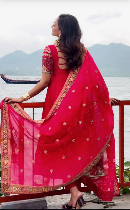 Designer Hot Pink Anarkali Suit with Heavy Embroidered Border Dupatta Set