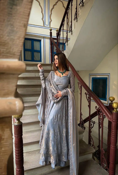 Women's Premium Ice Blue Partywear Anarkali Dress with Heavy Border Dupatta