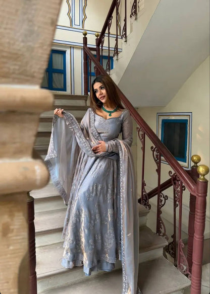 Women's Premium Ice Blue Partywear Anarkali Dress with Heavy Border Dupatta