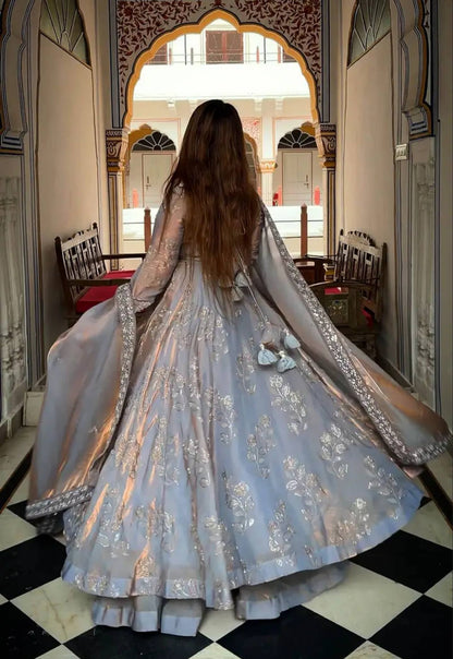 Women's Premium Ice Blue Partywear Anarkali Dress with Heavy Border Dupatta