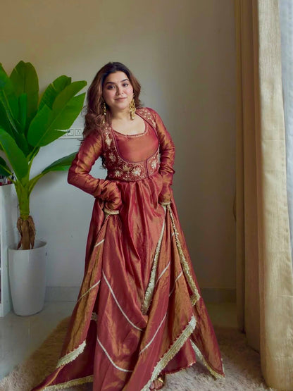 Designer Embroidered Vest Jacket Style Tissue Silk Ethnic Gown