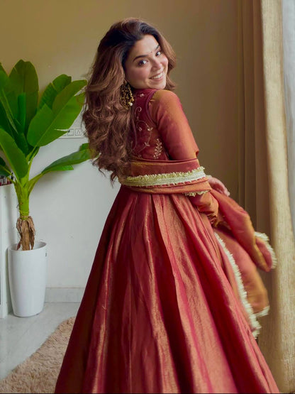 Designer Embroidered Vest Jacket Style Tissue Silk Ethnic Gown