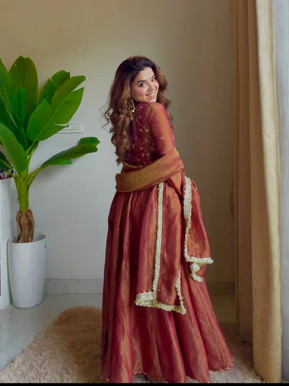 Designer Embroidered Vest Jacket Style Tissue Silk Ethnic Gown