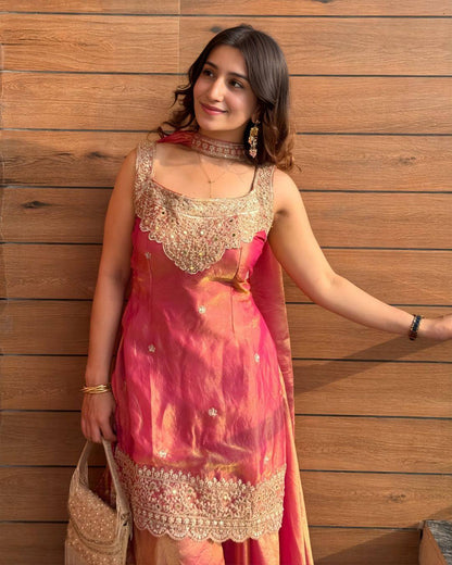 Designer Scalloped Hem Tissue Silk Kurti & Sharara Set (2 Colors Available)