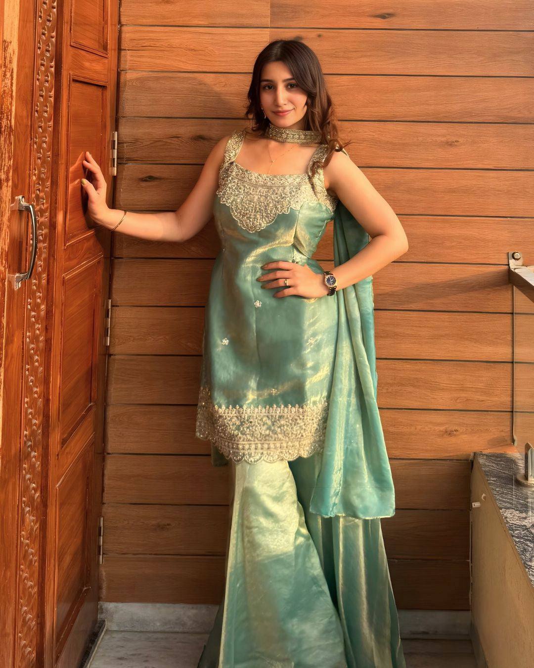 Designer Scalloped Hem Tissue Silk Kurti & Sharara Set (2 Colors Available)