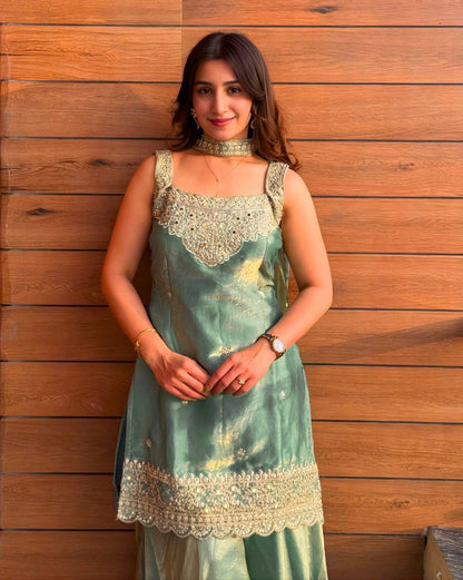 Designer Scalloped Hem Tissue Silk Kurti & Sharara Set (2 Colors Available)