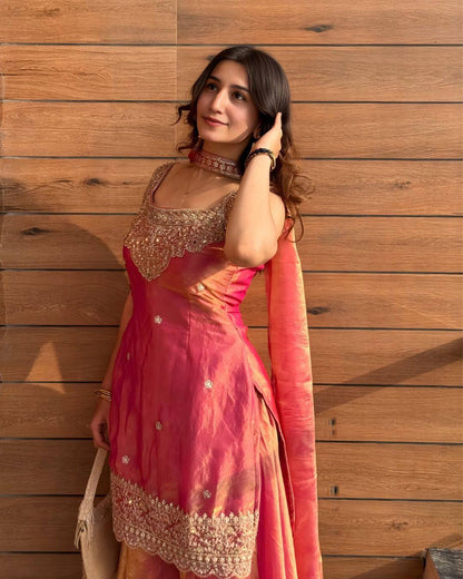 Designer Scalloped Hem Tissue Silk Kurti & Sharara Set (2 Colors Available)