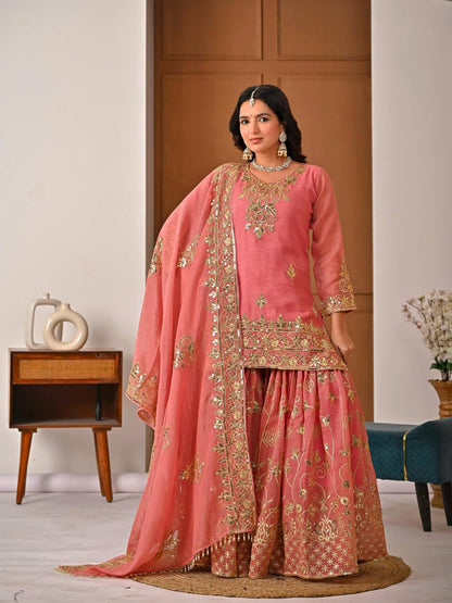Peach Pink Heavy Gota Patti Embroidered Sharara Suit Set with Organza Dupatta