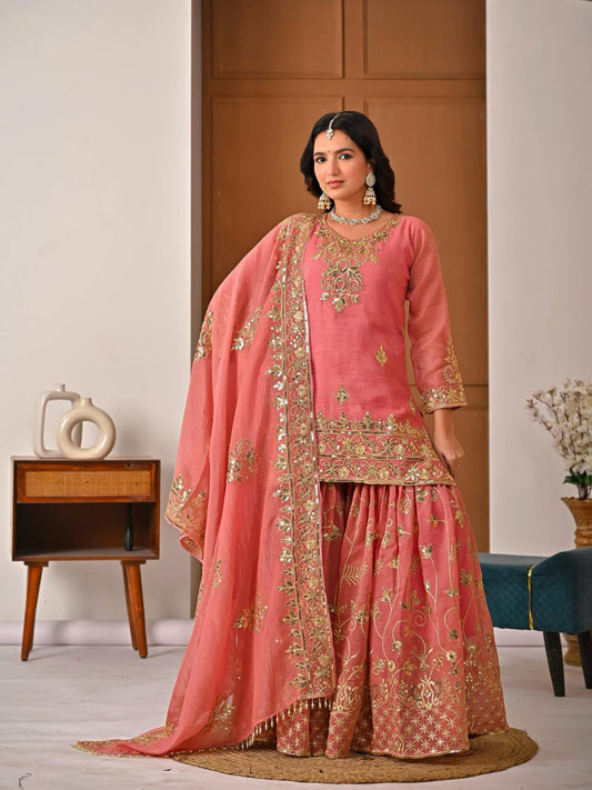 Peach Pink Heavy Gota Patti Embroidered Sharara Suit Set with Organza Dupatta