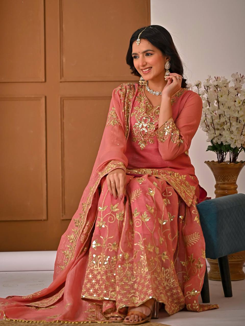 Peach Pink Heavy Gota Patti Embroidered Sharara Suit Set with Organza Dupatta