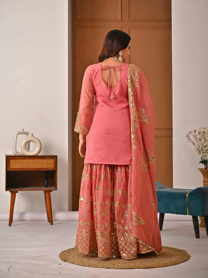 Peach Pink Heavy Gota Patti Embroidered Sharara Suit Set with Organza Dupatta