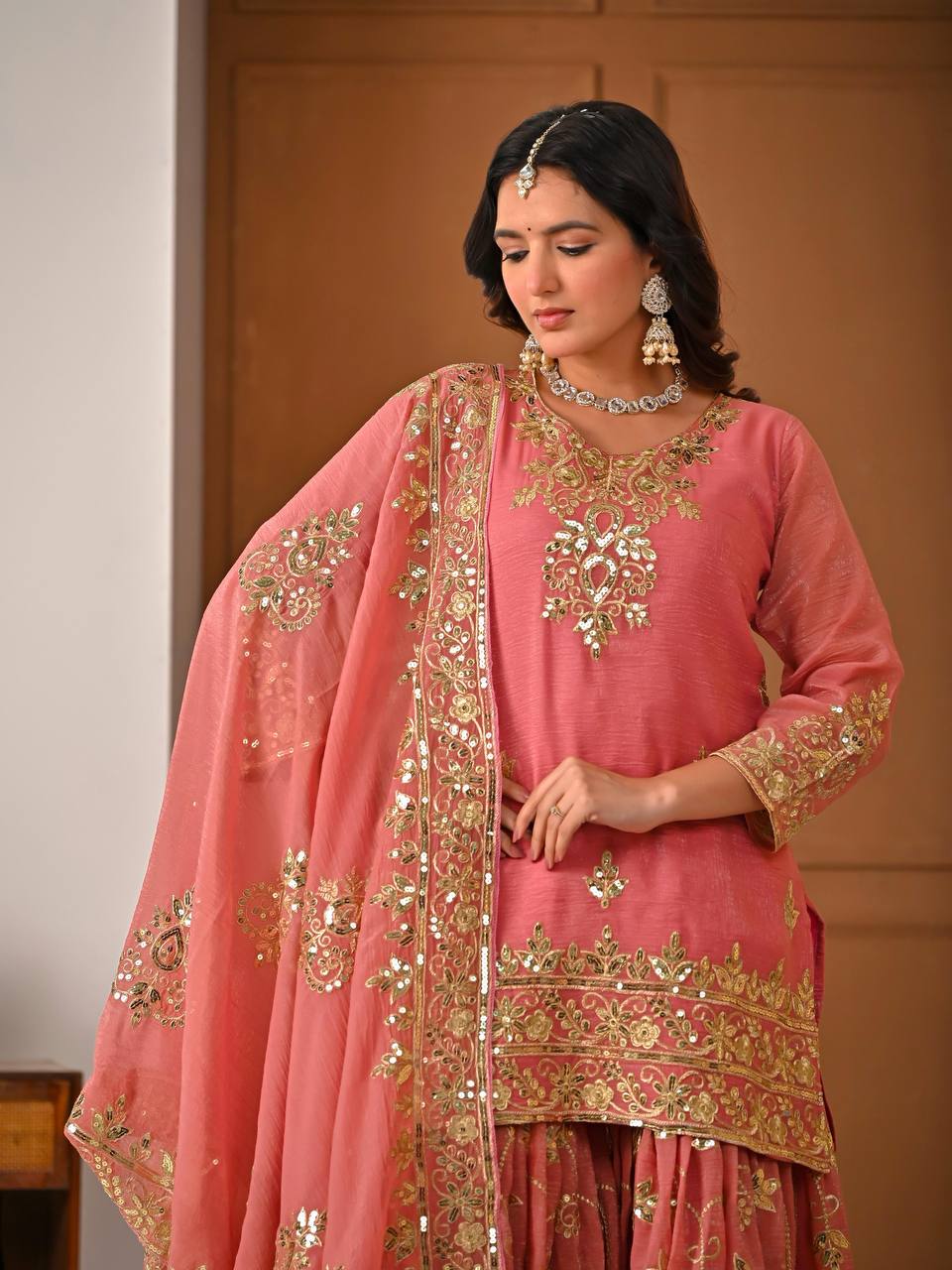 Peach Pink Heavy Gota Patti Embroidered Sharara Suit Set with Organza Dupatta