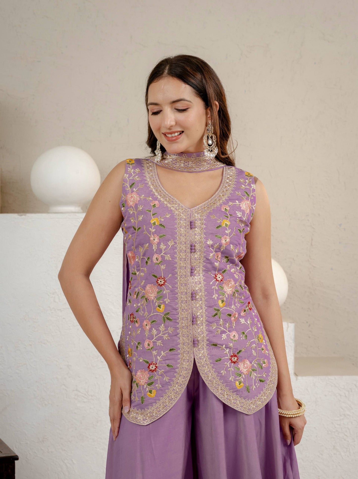 Designer Floral Embroidered Short Jacket Top & Palazzo Set for Sangeet & Festive Wear