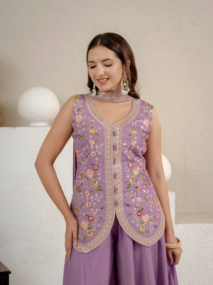 Designer Floral Embroidered Short Jacket Top & Palazzo Set for Sangeet & Festive Wear