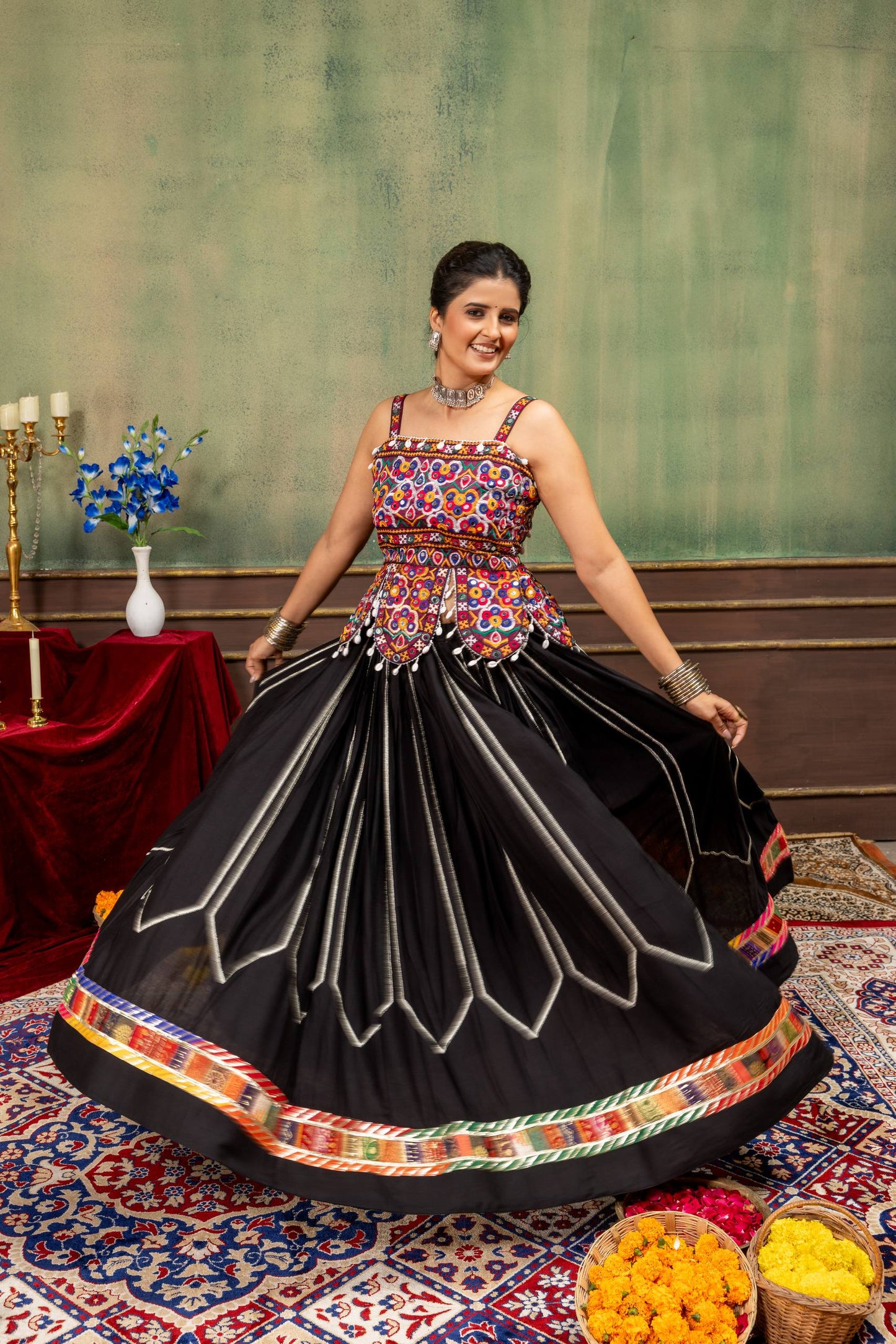 Traditional Black Navratri Chaniya Choli Set with Shell Detailing & Colorful Border