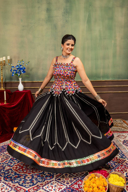 Traditional Black Navratri Chaniya Choli Set with Shell Detailing & Colorful Border
