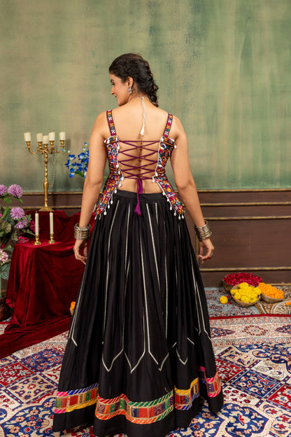 Traditional Black Navratri Chaniya Choli Set with Shell Detailing & Colorful Border