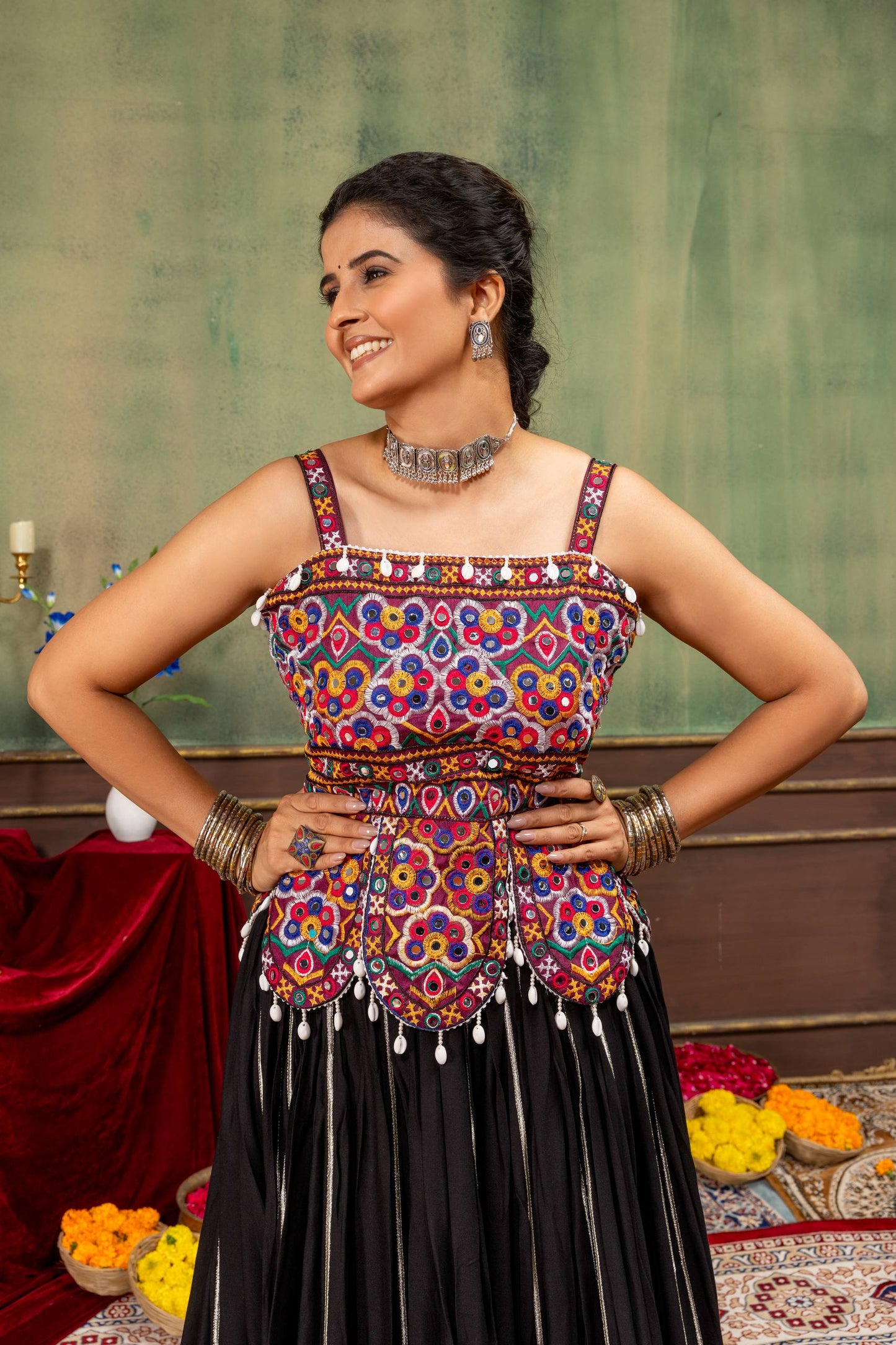 Traditional Black Navratri Chaniya Choli Set with Shell Detailing & Colorful Border