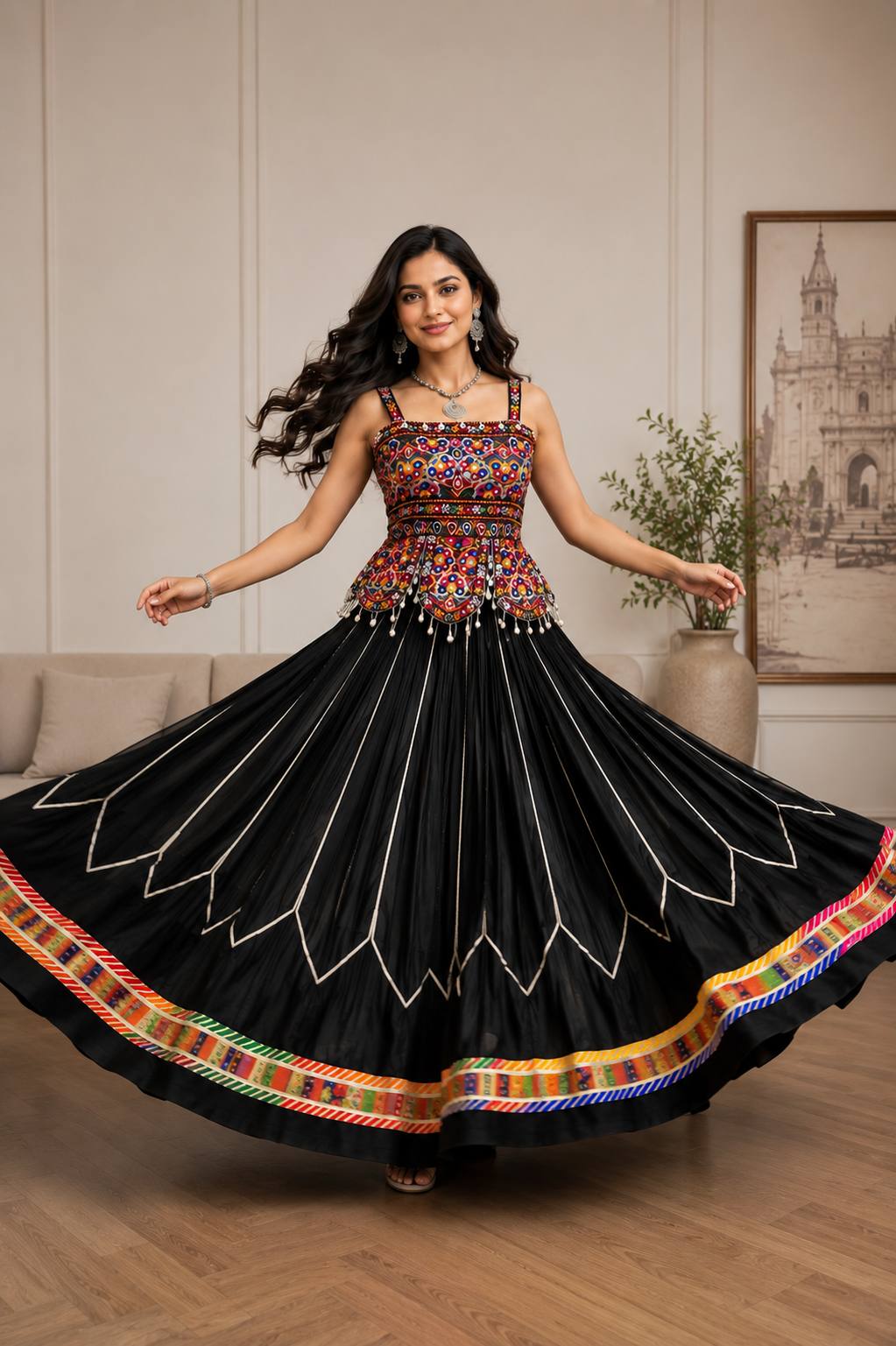 Traditional Black Navratri Chaniya Choli Set with Shell Detailing & Colorful Border