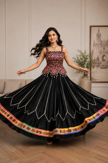 Traditional Black Navratri Chaniya Choli Set with Shell Detailing & Colorful Border