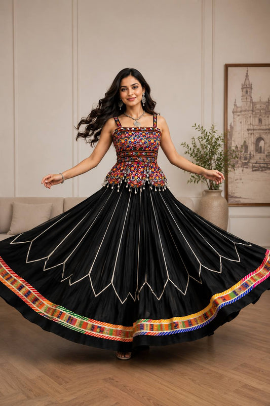 Traditional Black Navratri Chaniya Choli Set with Shell Detailing & Colorful Border