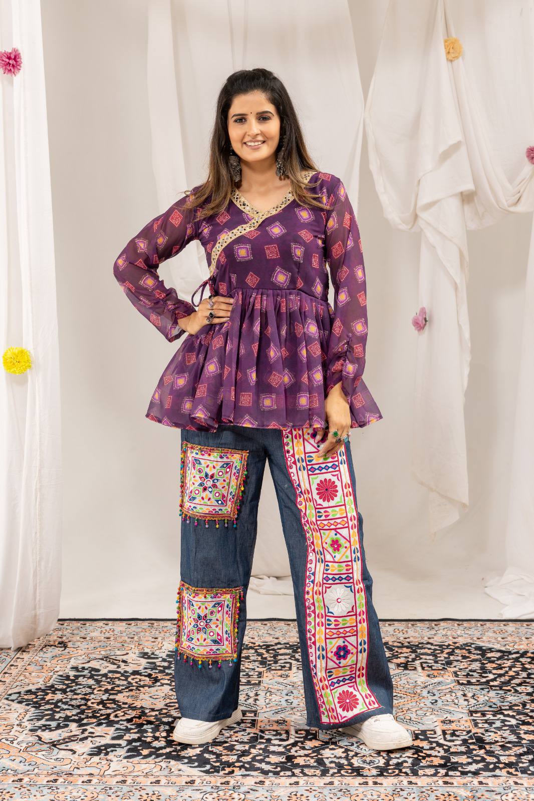 Purple Bandhani Print Short Kurti with Kutchi Patchwork Wide-Leg Jeans | Navratri Indo-Western Set