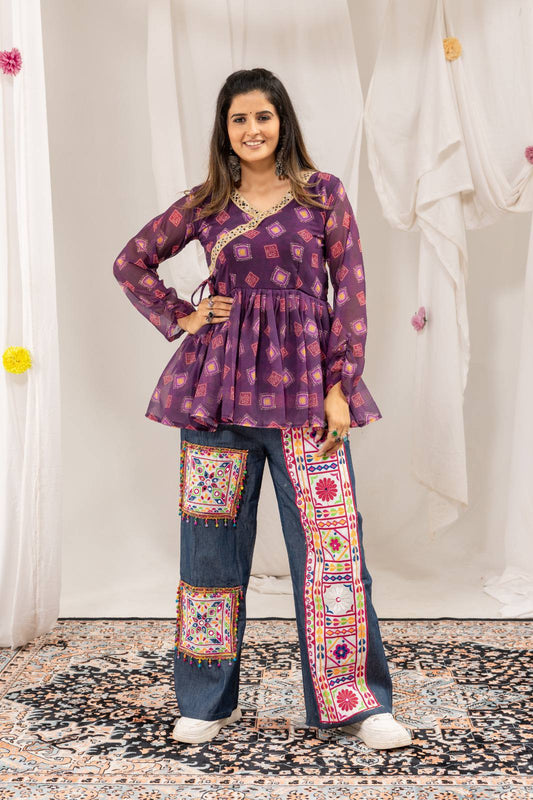 Purple Bandhani Print Short Kurti with Kutchi Patchwork Wide-Leg Jeans | Navratri Indo-Western Set