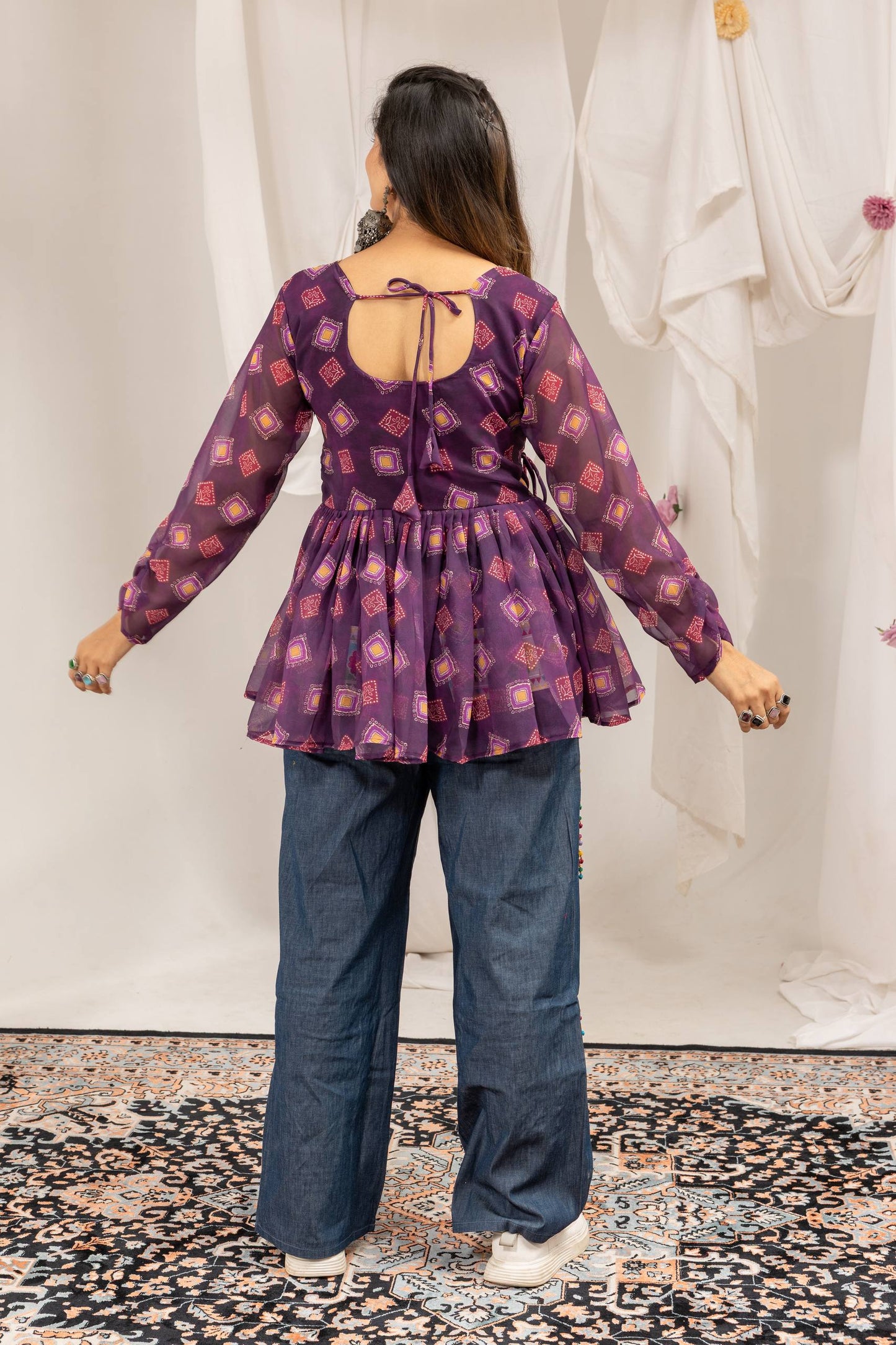 Purple Bandhani Print Short Kurti with Kutchi Patchwork Wide-Leg Jeans | Navratri Indo-Western Set