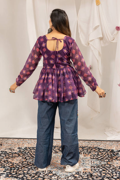 Purple Bandhani Print Short Kurti with Kutchi Patchwork Wide-Leg Jeans | Navratri Indo-Western Set