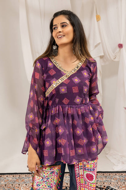 Purple Bandhani Print Short Kurti with Kutchi Patchwork Wide-Leg Jeans | Navratri Indo-Western Set