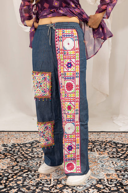 Purple Bandhani Print Short Kurti with Kutchi Patchwork Wide-Leg Jeans | Navratri Indo-Western Set