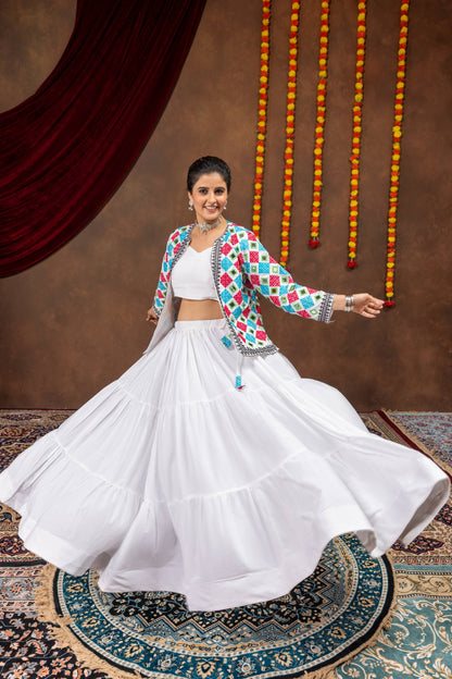 Solid White Flared Tiered Lehenga Choli Set with Multi-Color Embroidered Koti Jacket