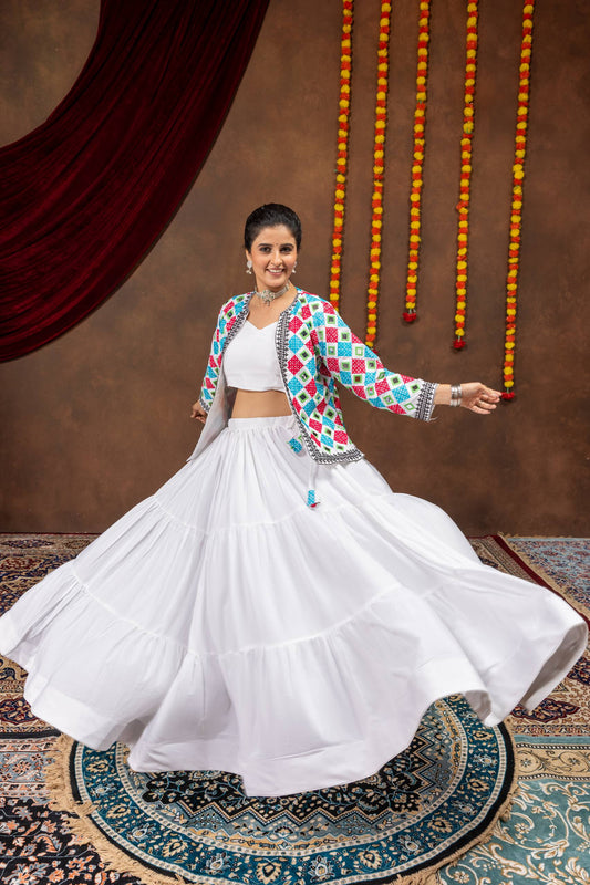 Solid White Flared Tiered Lehenga Choli Set with Multi-Color Embroidered Koti Jacket